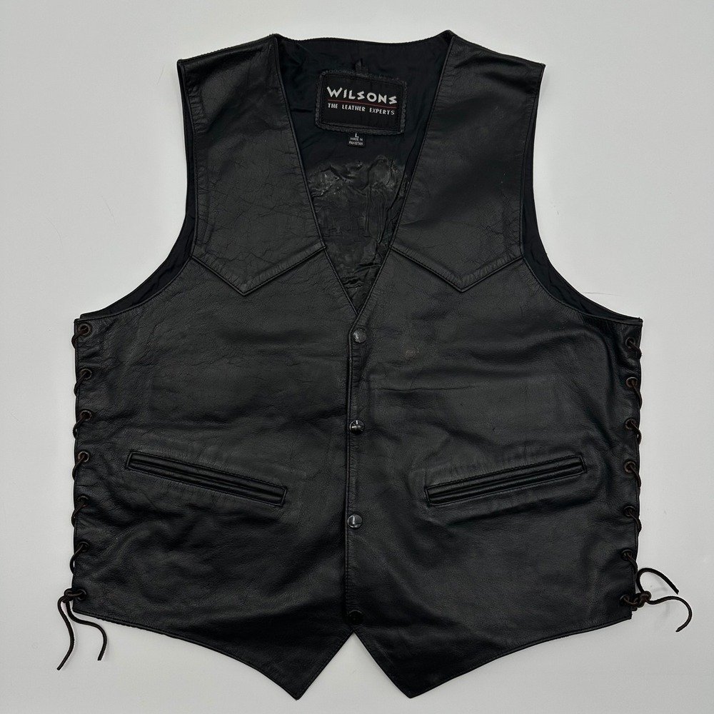 Wilsons Leather Biker Button Vest Mens Large Black Embossed Eagle Side Lace READ